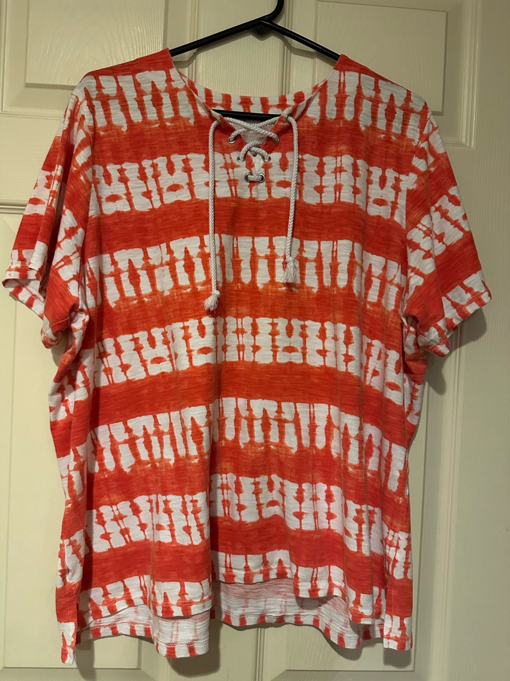 XL Allison Daley Red & White Tie-Dye Lace-Up Short Sleeve Top